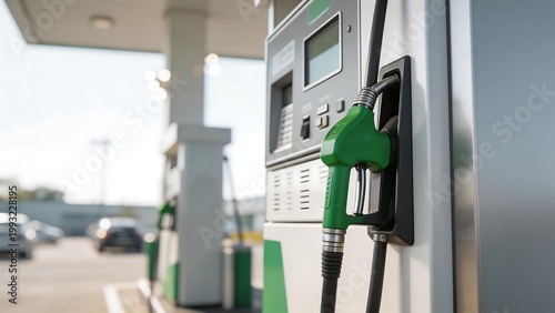 Gas pump with green nozzle at station