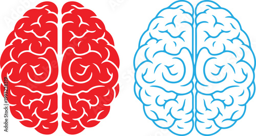 Human brain vector illustration set in red and blue colors, mental health and intelligence concept