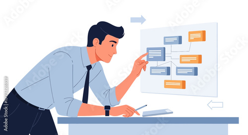 Man analyzing flowchart on screen, business strategy and planning concept