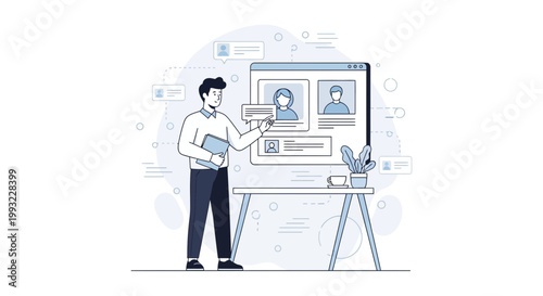 Man analyzing user profiles on a digital screen, recruitment concept illustration