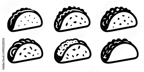 Minimalist taco icon set, in silhouette style, isolated on transparent background