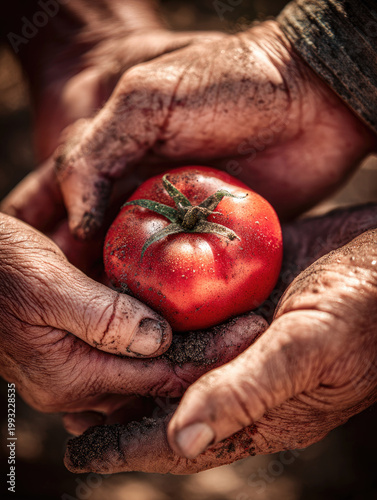 Two women gardening together share freshly picked ripe tomato with their hands covered in soil showing teamwork and connection to nature in rustic outdoor setting