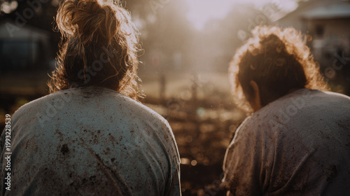 Two women gardening together in warm sunlight with soil on their shirts, sharing peaceful moment outdoors in backyard garden, expressing teamwork and connection
