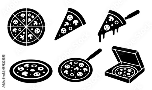Set of pizza illustration icons, in silhouette style, isolated on transparent background
