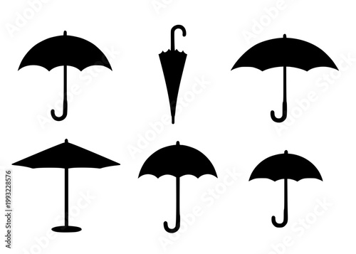 Minimalist umbrella icon set, in silhouette style, isolated on transparent background