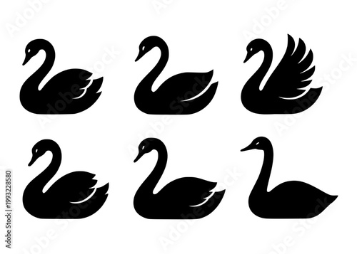 Minimalist swan icon set, in silhouette style, isolated on transparent background