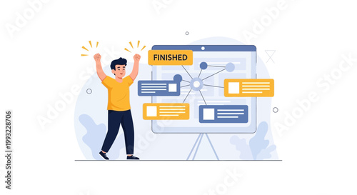 Man celebrating project completion with a presentation board showing 'FINISHED'