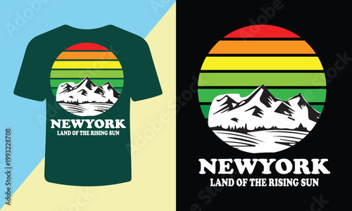 A colorful graphic t-shirt design featuring a mountain landscape and sunset.