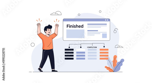 Man celebrating successful project completion with a flowchart and 'Finished' screen
