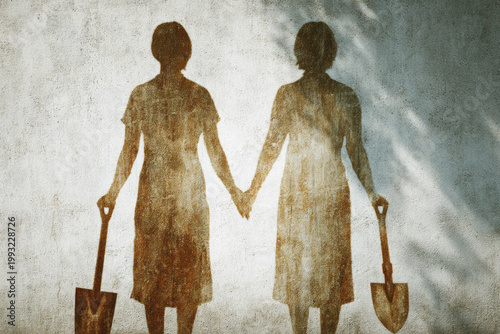 Two women holding hands while gardening together their shadows cast on textured wall each holding shovel in peaceful and supportive atmosphere