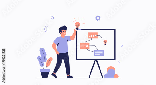 Man holding light bulb near whiteboard with flowchart, idea generation concept