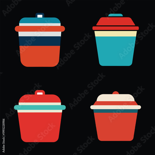 Colorful lunch boxes with lids in various combinations of red blue white and yellow  office food storage containers