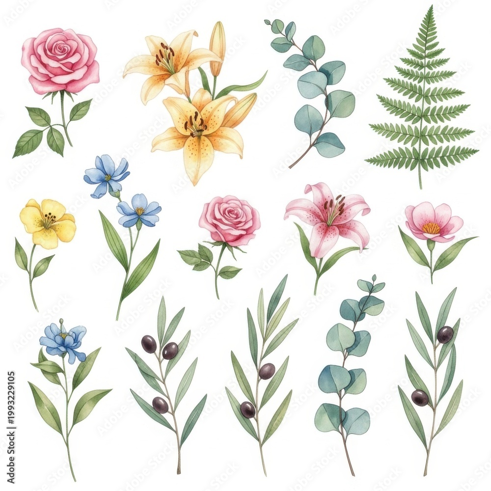 Fototapeta premium Watercolor collection of flowers, ferns, eucalyptus, and olive branches