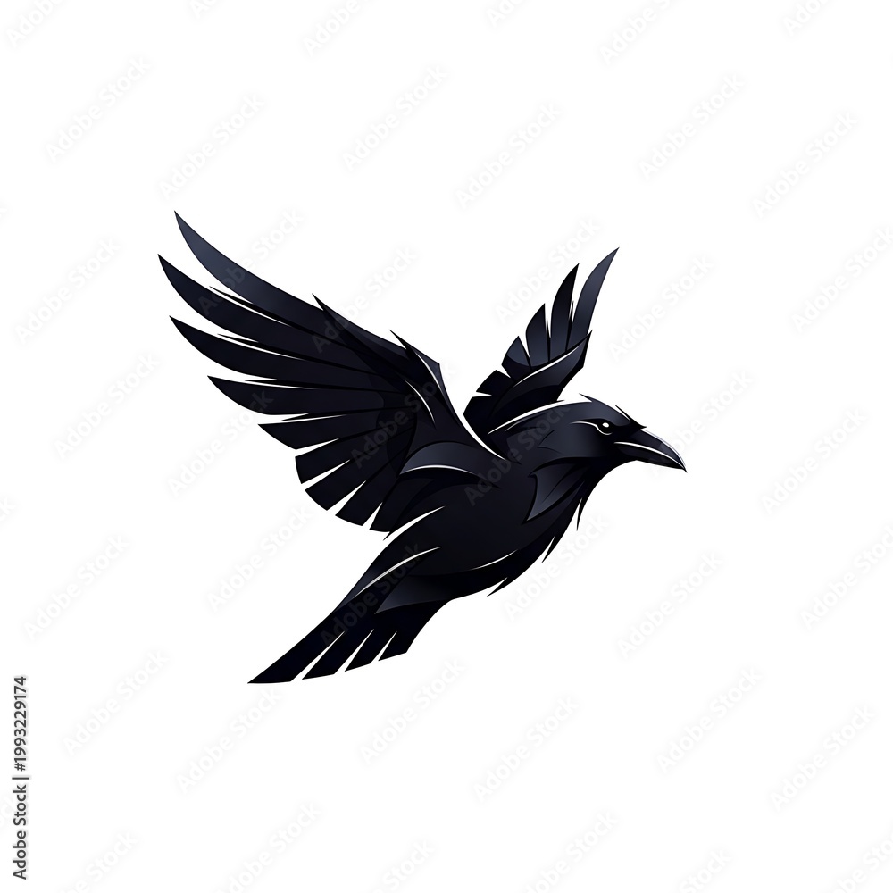 Fototapeta premium Stylized black raven in dynamic flight against a white background