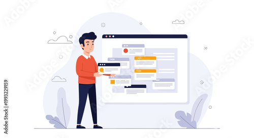 Man holding website windows, digital marketing, web design, online business concept