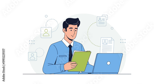 Man in Office Reviewing Documents and Using Laptop for HR Recruitment Process