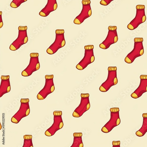 Pattern with socks. Red socks with yellow toe, heels and tops are scattered on a light background.