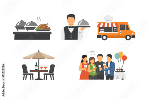 Catering Service Icons Set Featuring Buffet Table with Hot Food, Professional Waiter Serving Dish, Mobile Food Truck, Outdoor Dining Table with Umbrella, and Group of People at a Party Event