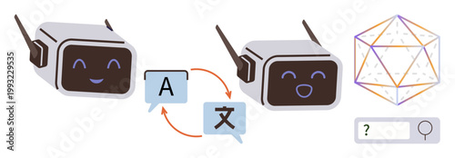 Language translation, AI communication, machine learning, technology, multilingual tools, chatbot interface. Two smiling chatbots and translation icons. Language translation and AI communication