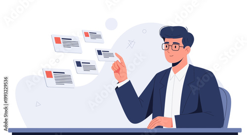 Man in suit choosing from floating cards, business strategy, data analysis, decision making
