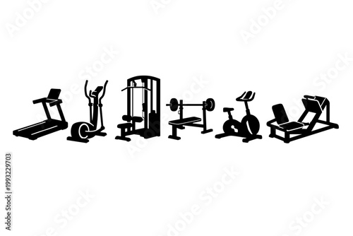 Six black silhouette gym fitness machines neatly arranged in a horizontal row including treadmill, elliptical trainer, lat pulldown, weight bench with barbell, stationary bike, and leg press.