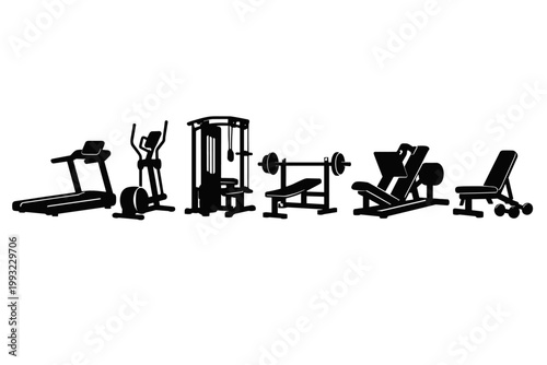 Collection of six black silhouette gym fitness machines and workout equipment icons in a horizontal row featuring treadmill, elliptical trainer, cable machine, bench press, leg press, and bench.