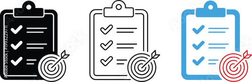 Goal setting checklist icon white background black silhouette flat outline and colored vector icon set minimal planning concept
