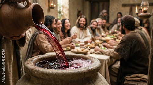Man pouring red wine from clay jug into bowl at wooden dinner table with group in ancient robes. Christian communion fellowship and religious tradition concept