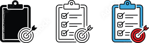 Goal setting checklist icon white background black silhouette flat outline and colored vector icon set for business productivity and organization