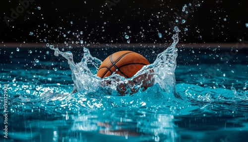 There is a basketball in the water with a splash of water on it