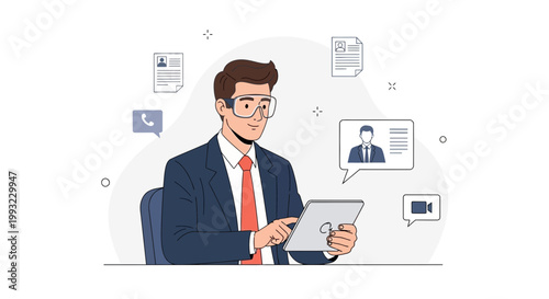 Man in suit using tablet for online meeting, video call, and job application