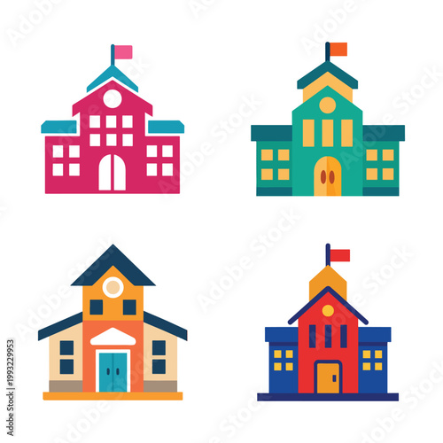 Colorful school building icons with flags and windows  educational architecture symbols