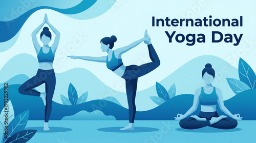 Wellness fitness yoga poses illustration in nature theme with international yoga day concept calm lifestyle background for banner poster design