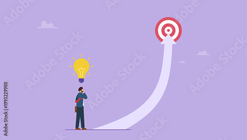 Businessman use idea to create path to the reach target. Business achievement or target concept.