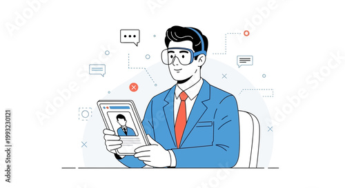 Man in VR headset reviewing profile on tablet, online recruitment concept