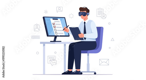 Man in VR headset taking online survey on computer, virtual reality experience