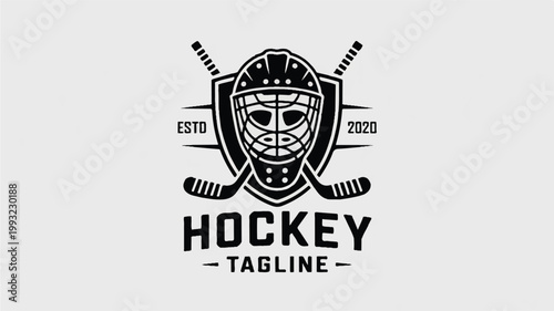 A black and white logo design features a hockey mask with crossed sticks and shield