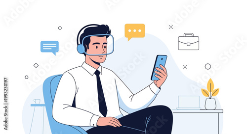 Man in VR headset using smartphone, virtual communication, business concept