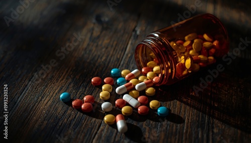 There is a bottle of pills spilling out of it on a wooden table