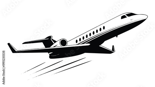 A black and white minimalist illustration of a jet airplane taking off