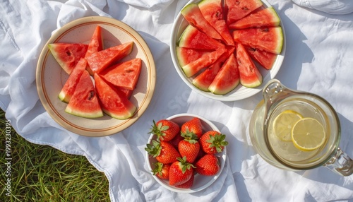 Slices of watermelon, strawberries, and a glass of lemonade sit on a white cloth