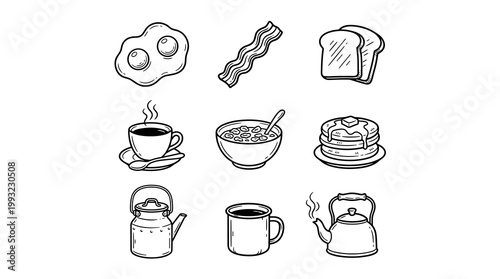 Vintage breakfast food icons: fried eggs, bacon, toast, coffee, pancakes, minimal vector line art set