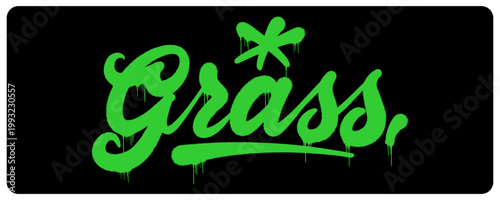 Vibrant urban graffiti hand style tag featuring the word Grass. Street art lettering with a star accent representing greenery, lawns, and natural botanical environments.
