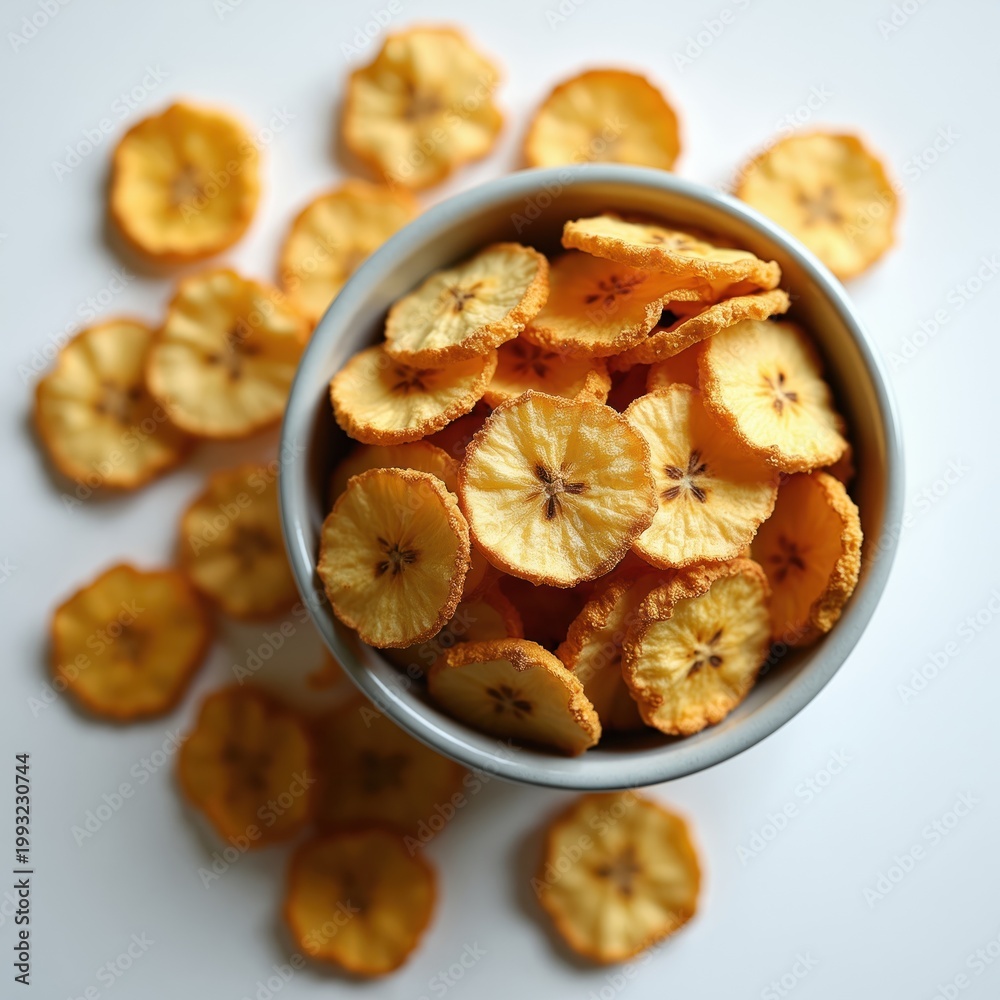 Fototapeta premium Dried banana chips are arranged in a grey bowl on a clean white surface. Slices are thin and golden brown. These healthy snacks offer a sweet taste and crunchy texture.