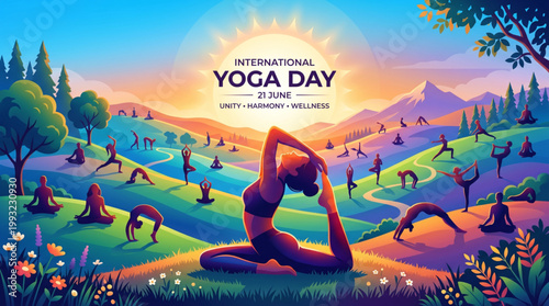 Yoga landscape illustration with people practicing asana in colorful nature valley at sunrise promoting wellness harmony concept for international yoga day banner