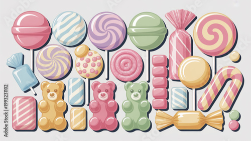 A colorful illustration of various candies and sweets on transparent background