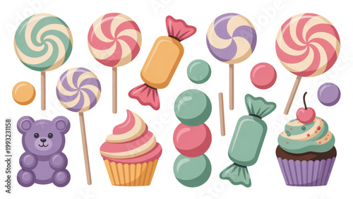 A colorful vector illustration of various candies and sweets on transparent background