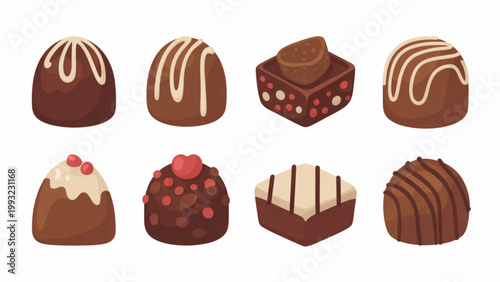 A vector graphic illustration of various chocolate candies on transparent background