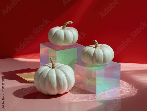 Elevated Autumn: Three white pumpkins artfully arranged on iridescent cubes against a red and pink background.