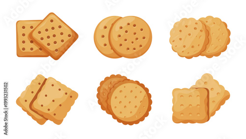 A vector graphic illustration of various types of crackers on a transparent background